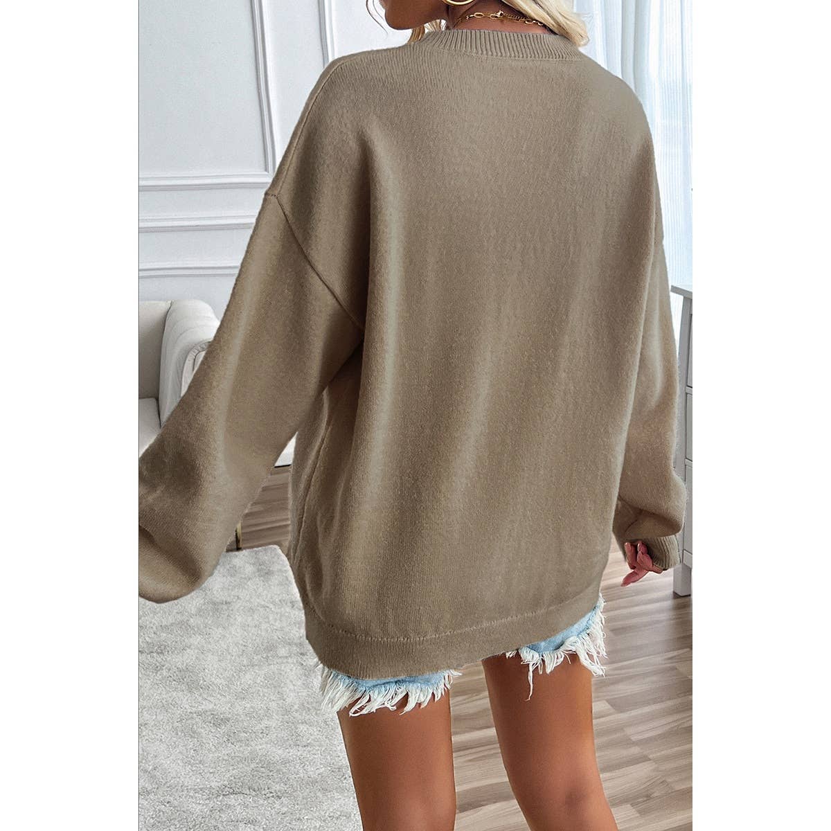 Knit Round Neck Flag Print Loose Fit Sweater: BEIGE / S